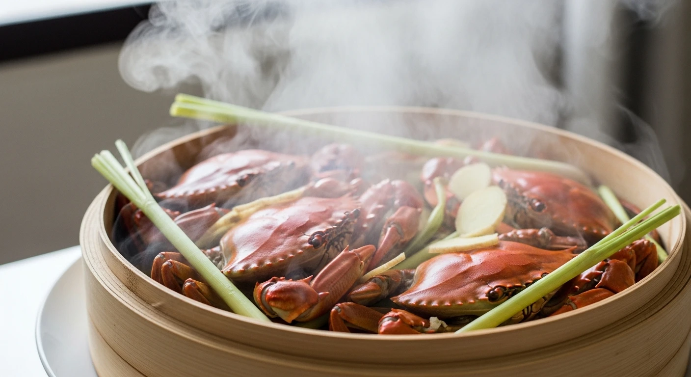 Ghẹ đang được hấp chín bằng sả và gừng