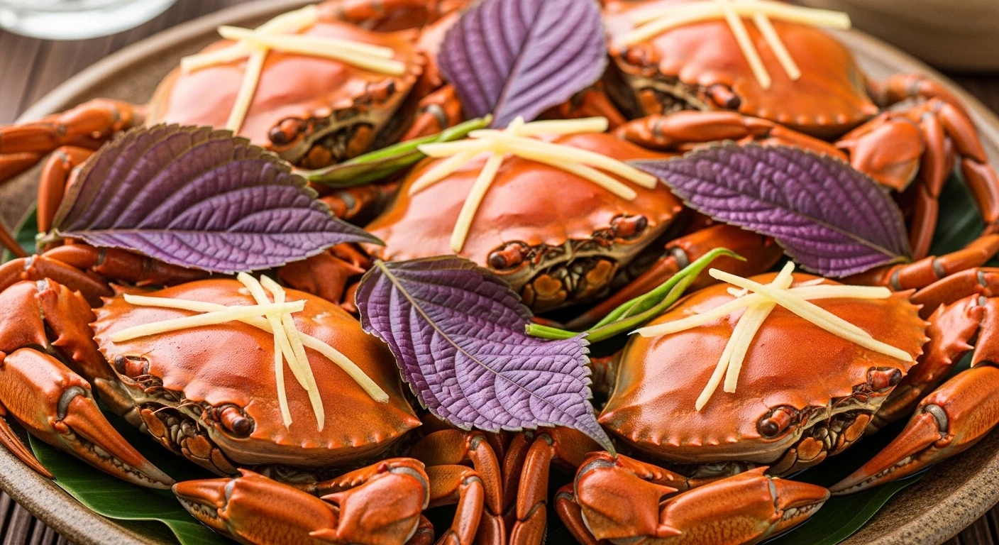 Ghẹ hấp lá tía tô tím hấp dẫn