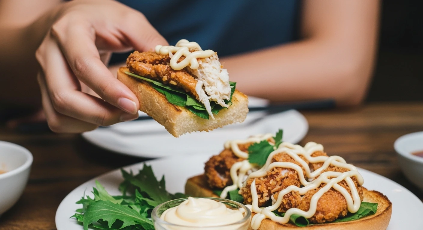 Ghẹ lột chiên giòn kẹp cùng bánh mì và rau sống