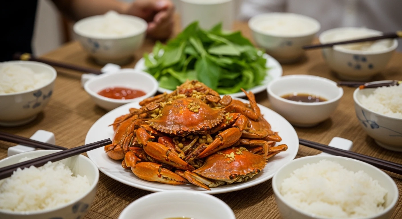 Đĩa ghẹ lột xào chua ngọt dứa hành tây trên bàn tiệc