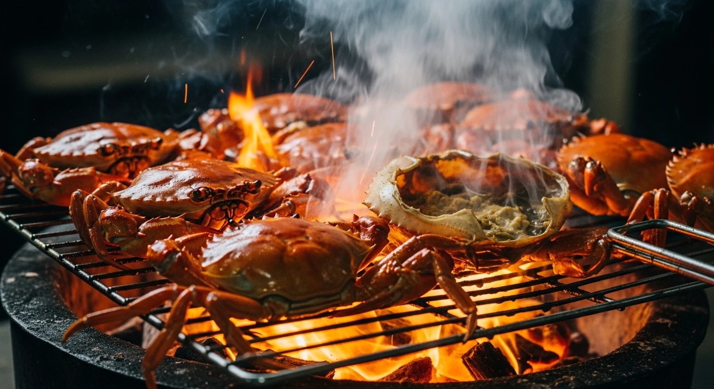 Ghẹ Mặt Trăng đang nướng trên bếp than hồng rực