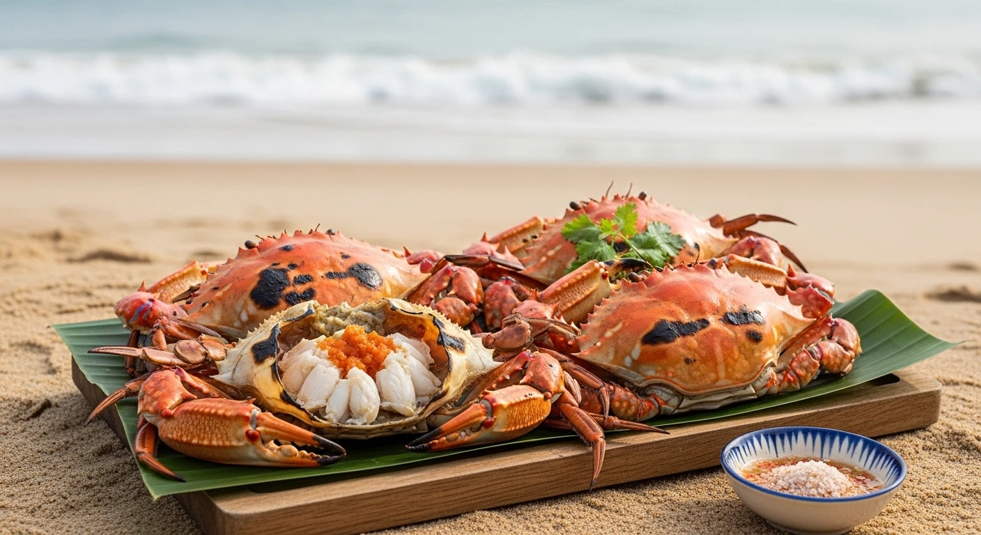 Đĩa ghẹ mặt trăng nướng thành phẩm, bày trí hấp dẫn bên bờ biển