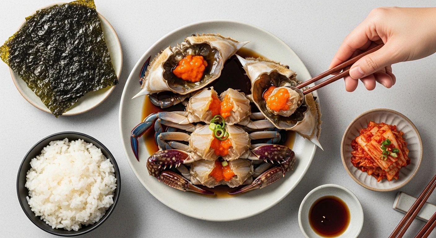 Cách thưởng thức Ghẹ Ngâm Tương kiểu Hàn Quốc với cơm trắng và rong biển