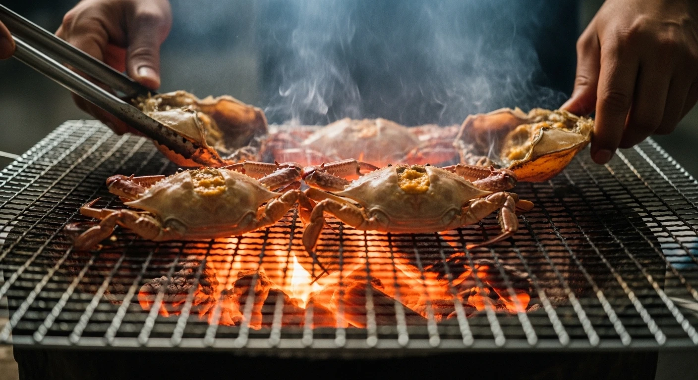 Ghẹ chuẩn bị nướng trên bếp than