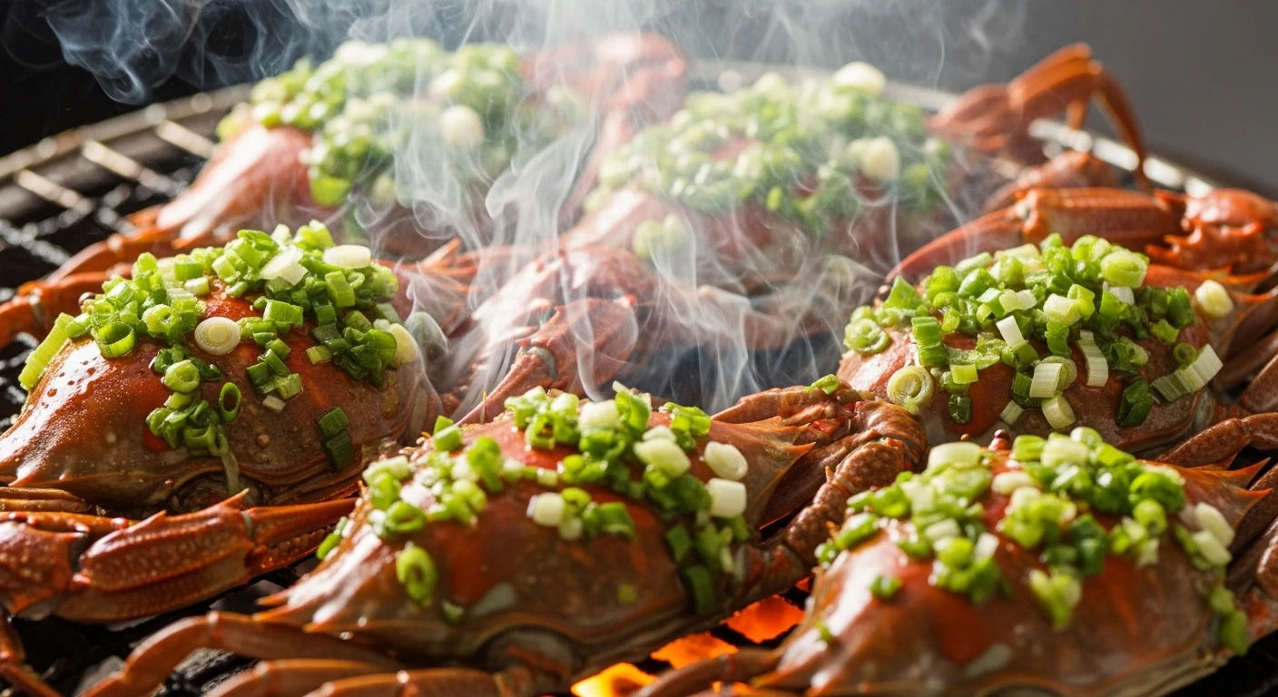 Ghẹ nướng mỡ hành trên bếp than