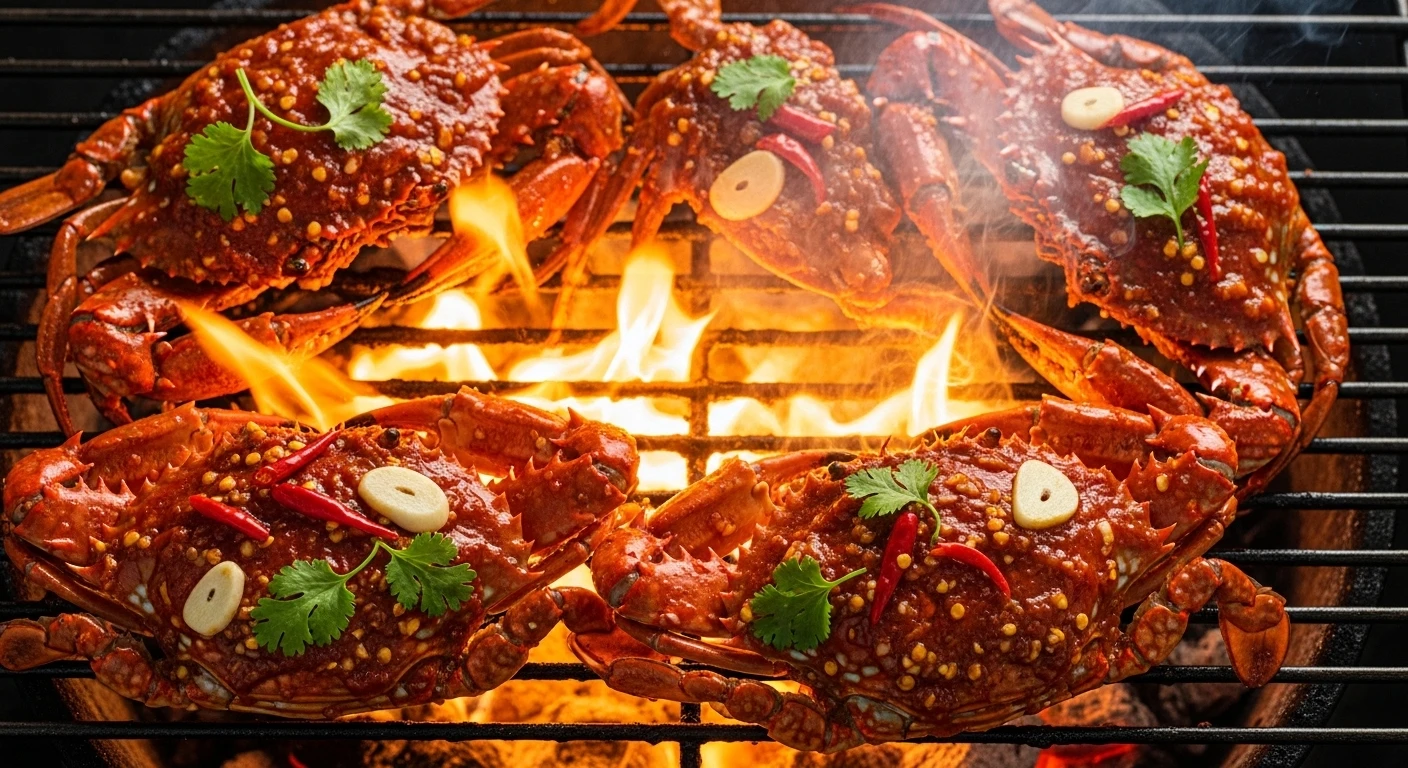 Ghẹ đang được nướng trên vỉ than hồng