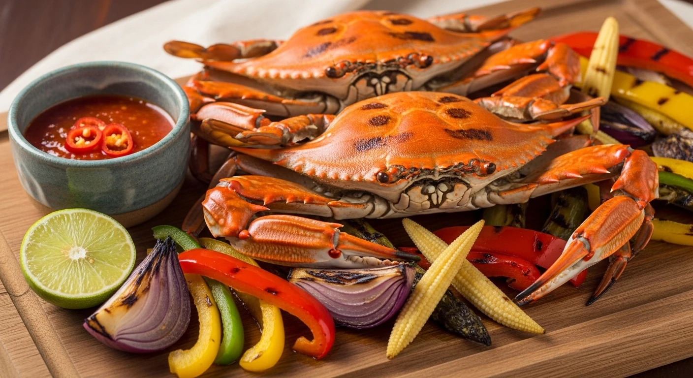Ghẹ nướng sa tế cùng rau củ và chén muối tiêu chanh