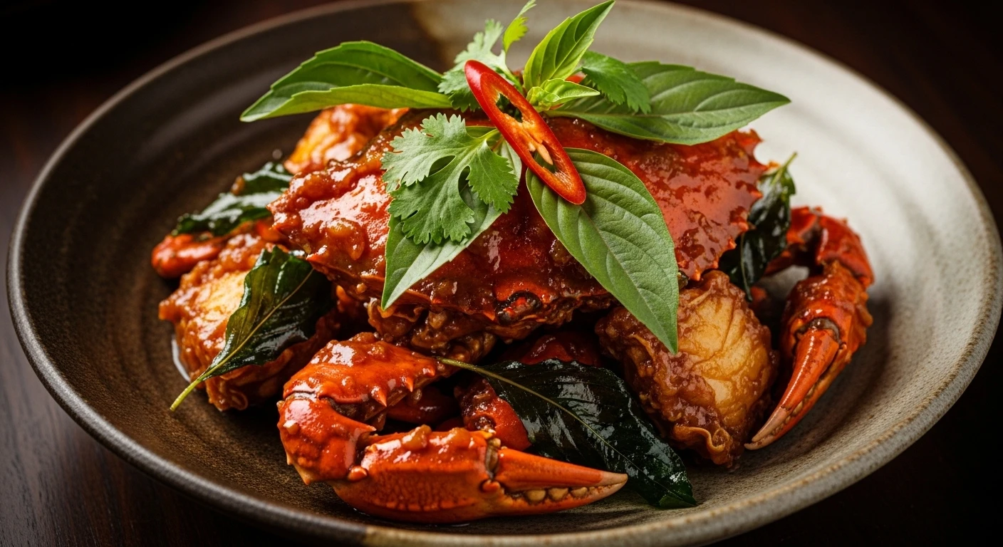 Ghẹ rang lá quế Thái đang sệt lại trong chảo