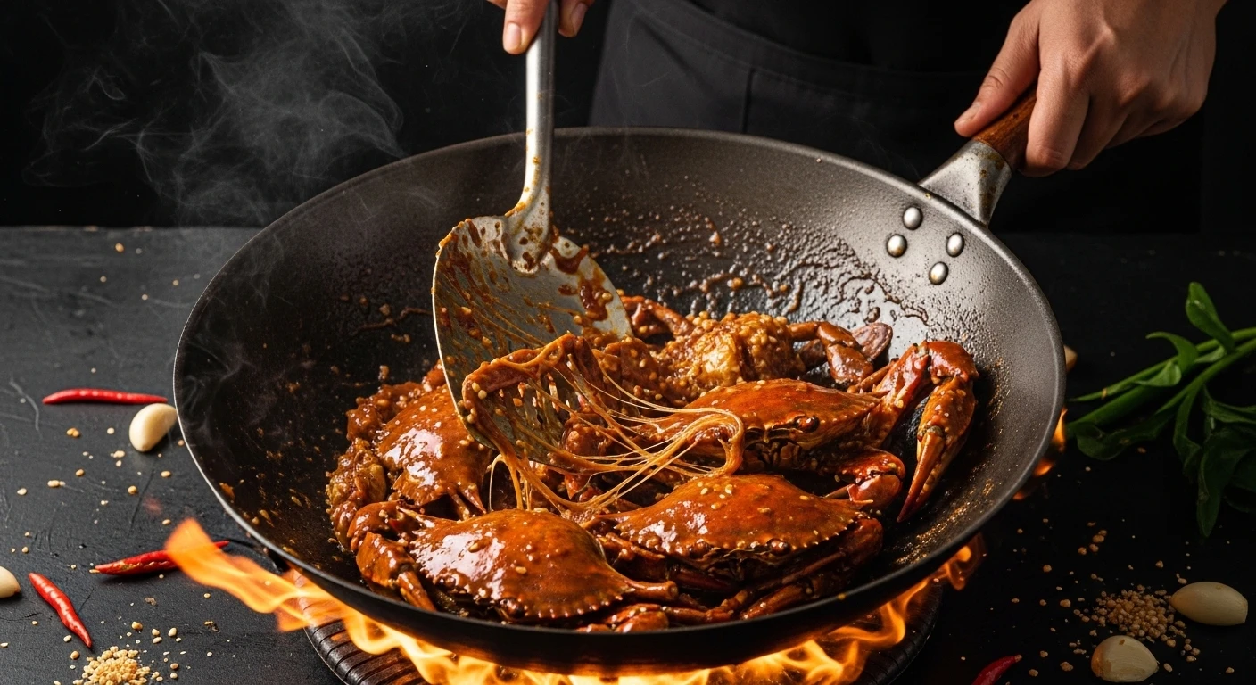 Ghẹ rang me dừa đang được đảo trên chảo