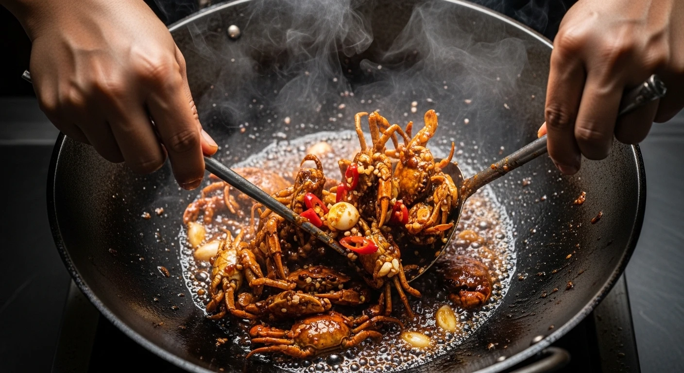 Ghẹ sữa rang me đang được đảo trên chảo nóng