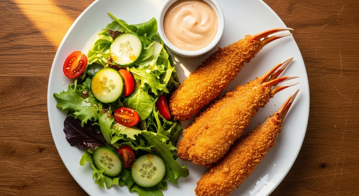 Ghẹ tẩm bột chiên xù ăn kèm salad và nước chấm