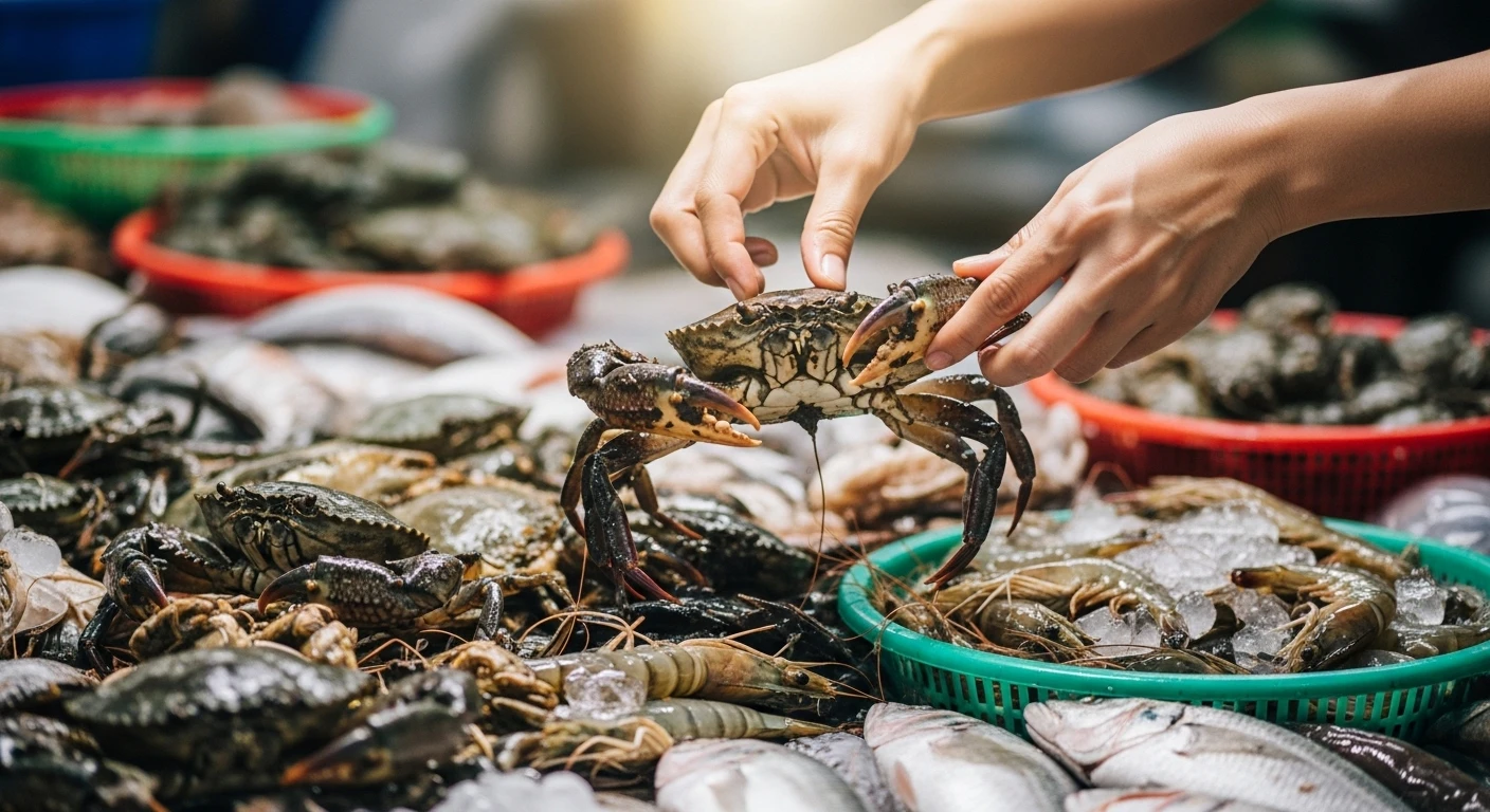Một người đang lựa chọn cua biển tươi ngon tại quầy hàng
