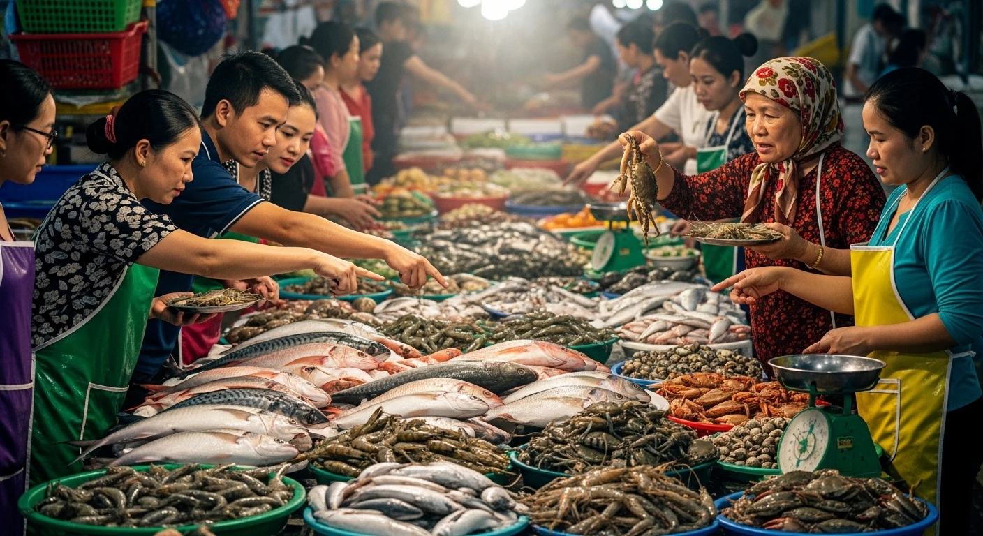 Người tiêu dùng chọn lựa hải sản tại chợ