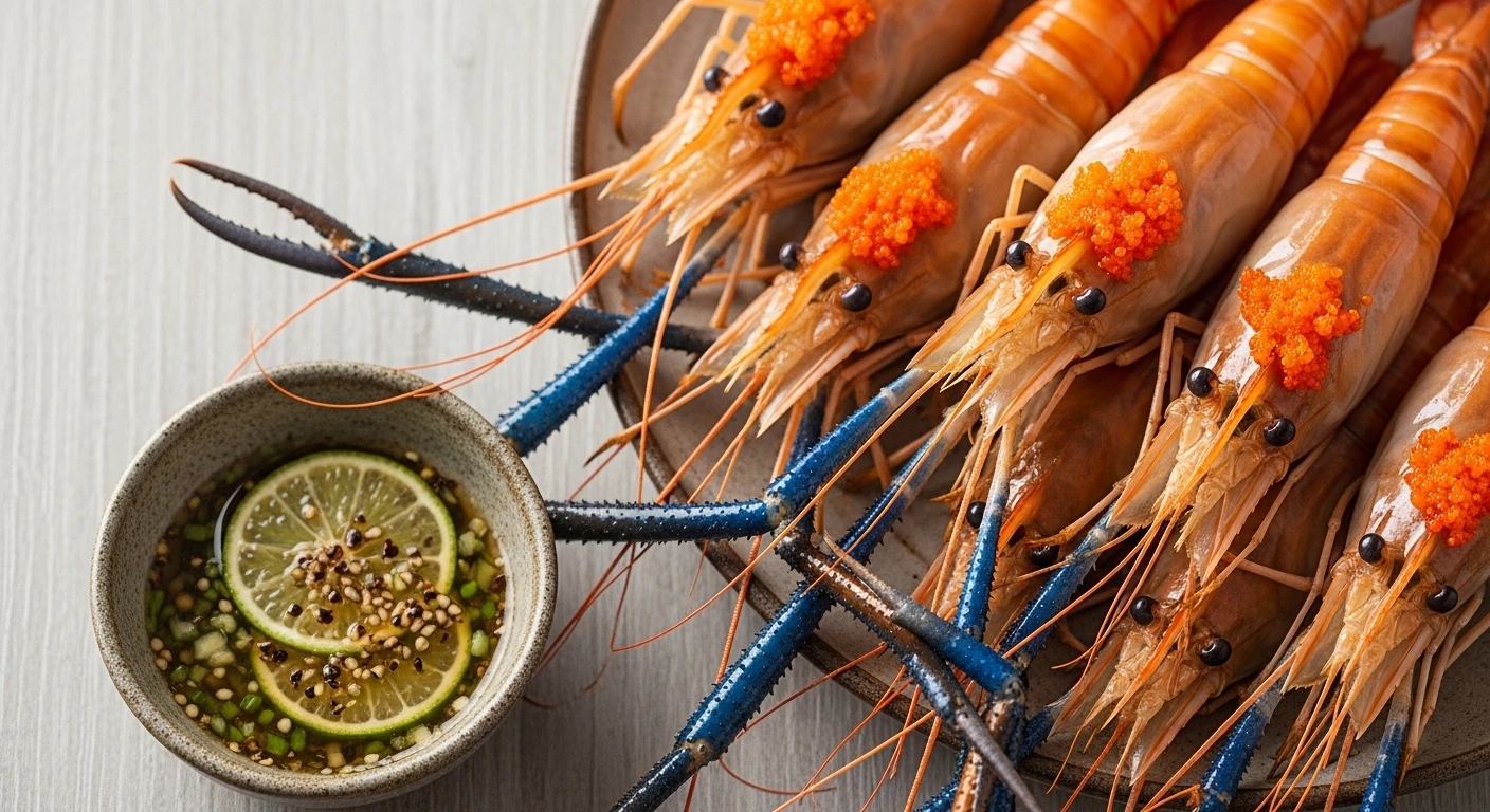Giant river prawns steamed in coconut water with vibrant orange heads