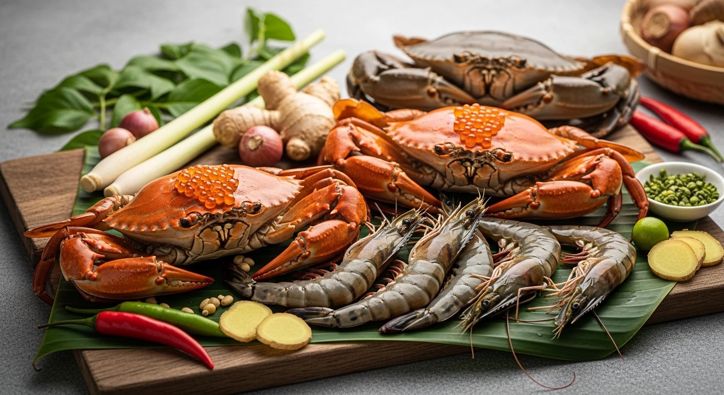 A visually appealing scene of fresh seafood, possibly including crabs and shrimp