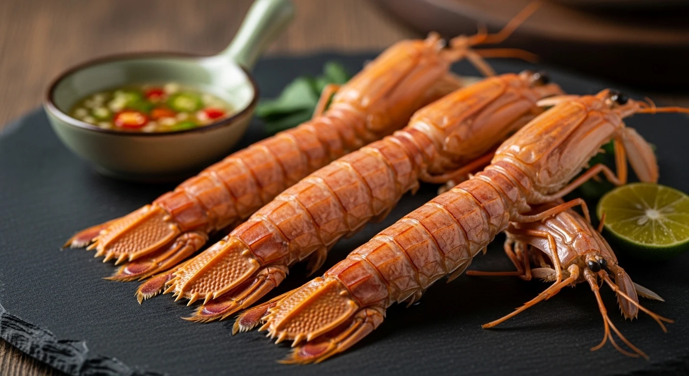 Mantis Shrimp served delicately on a dark plate