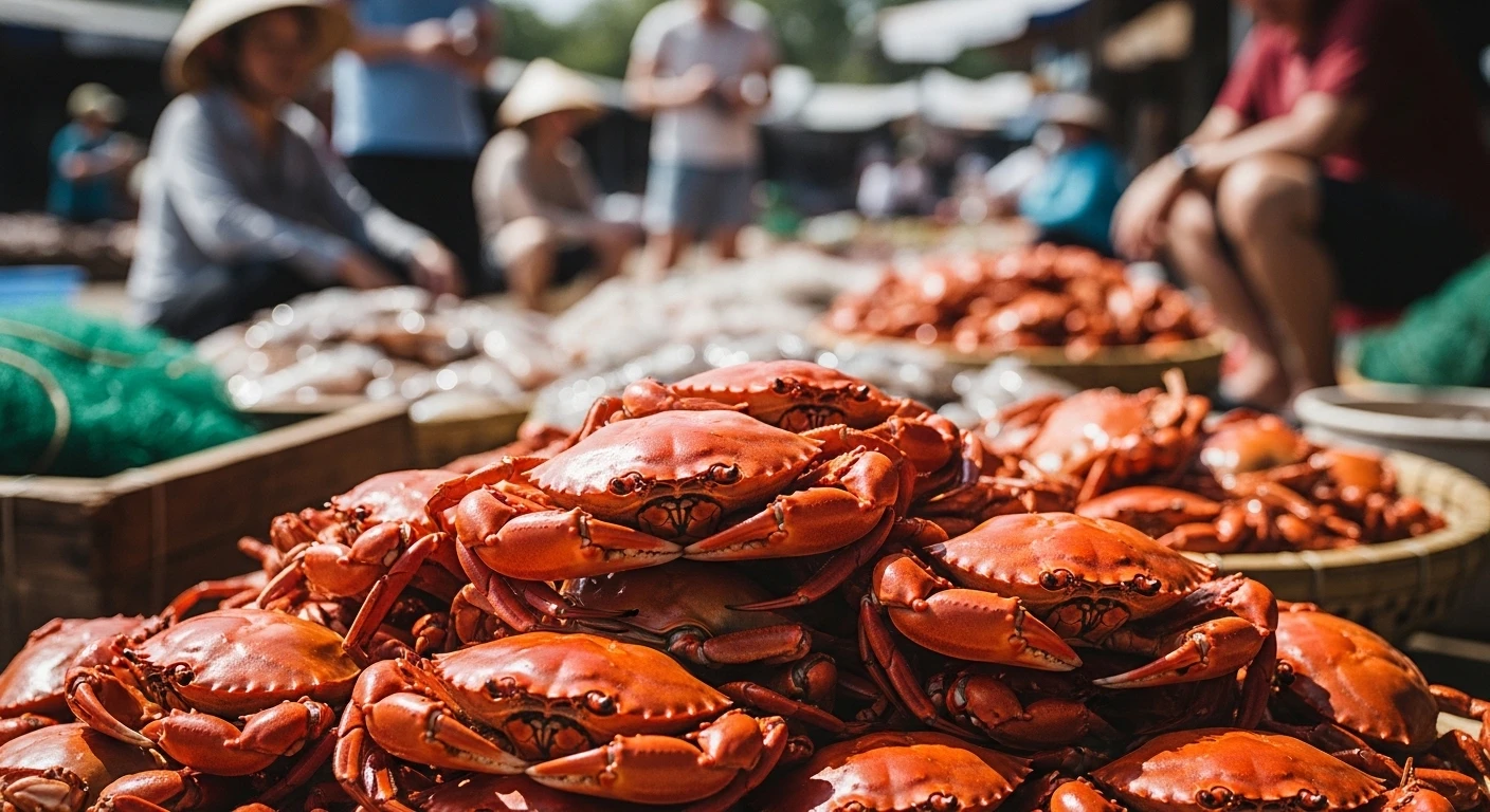 A pile of fresh crabs at a market stall