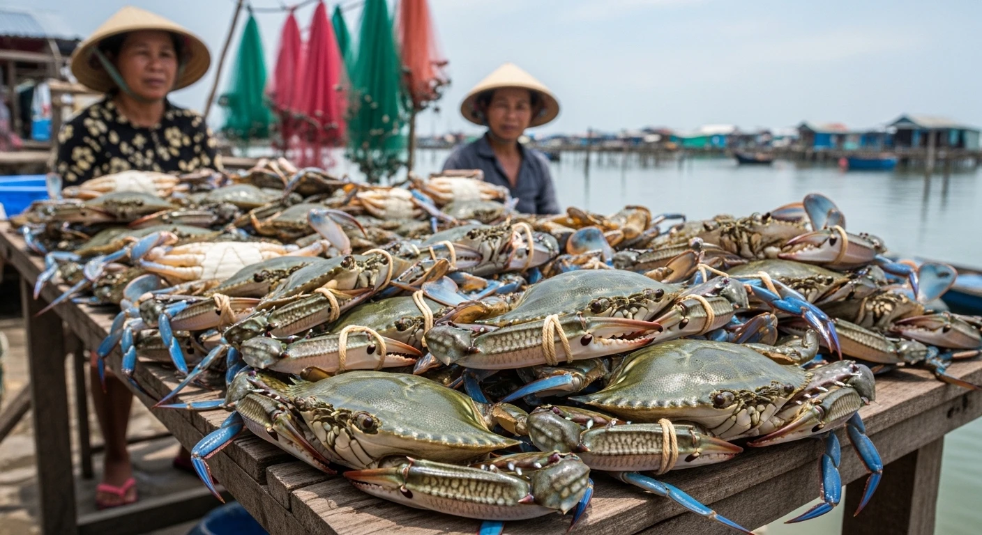 Vibrant blue crabs displayed at Ham Ninh fishing village market
