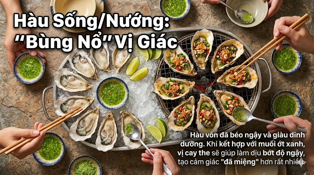 Hàu sống/nướng chấm muối ớt xanh