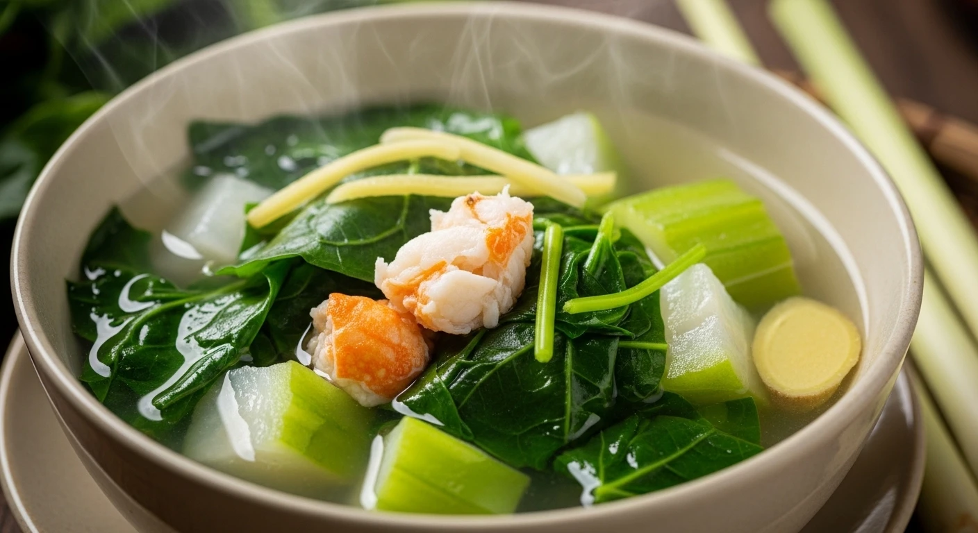 Bowl of clear soup with crab meat, spinach, and luffa cubes
