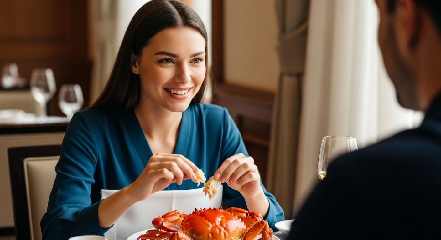 Một cô gái trẻ tự tin đang thưởng thức cua hấp một cách ngon lành trong không gian nhà hàng sang trọng.