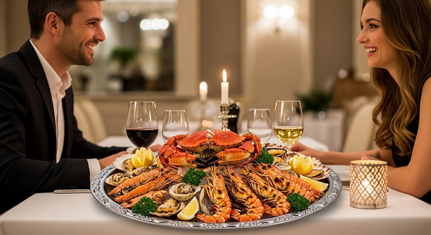 Hình ảnh một người đàn ông và một phụ nữ đang cười tươi khi họ ngồi đối diện nhau tại một nhà hàng sang trọng, với một đĩa hải sản tươi ngon trên bàn, có thể là cua và tôm.