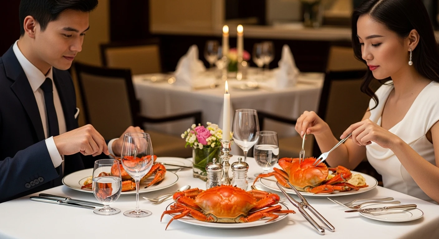 Một cặp đôi đang dùng bữa tại một nhà hàng sang trọng với bàn ăn bày trí đẹp mắt, trên bàn có món cua và các dụng cụ ăn cua chuyên dụng, thể hiện sự tinh tế.