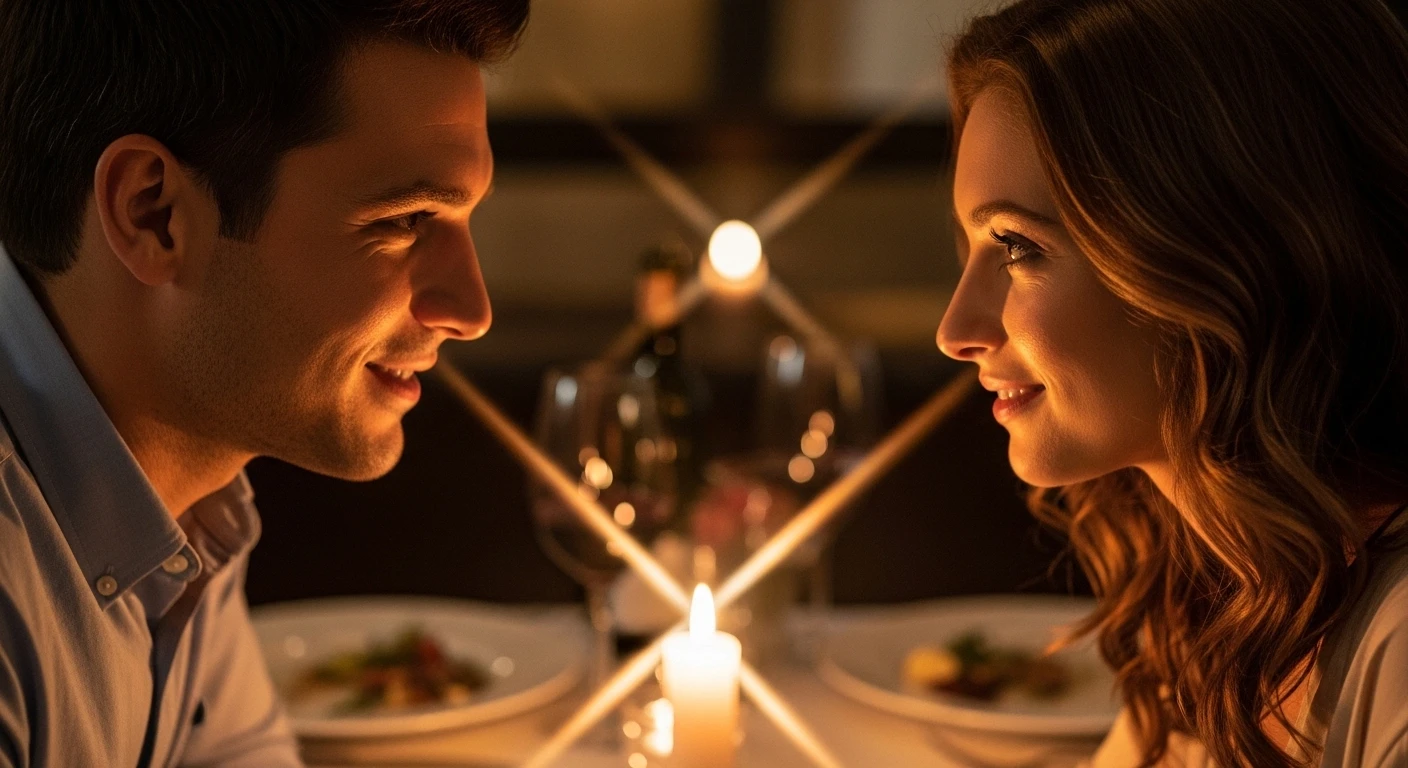 Một người phụ nữ và một người đàn ông nhìn nhau trìu mến qua ánh nến lung linh trên bàn ăn tối, thể hiện sự kết nối và lãng mạn trong buổi hẹn hò đầu tiên.