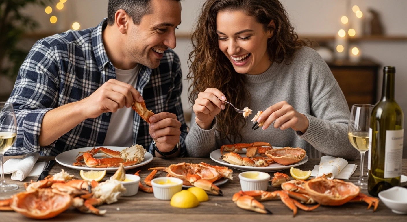 Một cặp đôi đang cười đùa vui vẻ khi ăn cua, không khí thoải mái, không còn giận dỗi