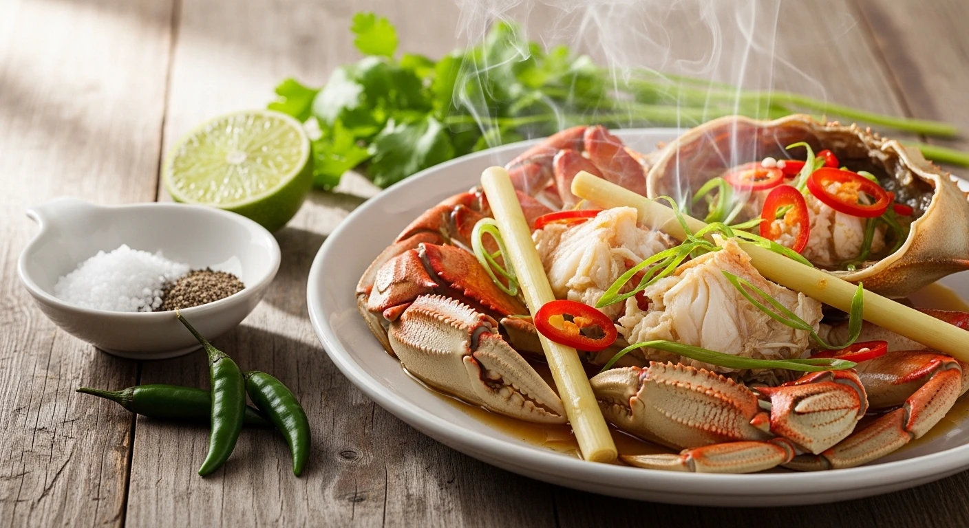 Một mâm cua hấp sả nóng hổi, bốc khói, bày biện đẹp mắt với rau răm và muối tiêu chanh, sẵn sàng cho bữa ăn