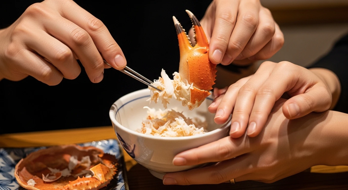 Hình ảnh cận cảnh đôi tay đang khéo léo gỡ thịt cua cho nhau, thể hiện sự quan tâm và tình cảm