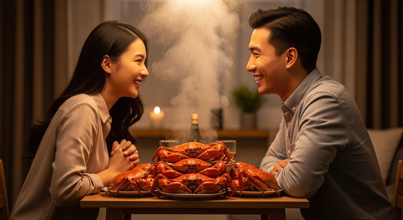 Cặp đôi trẻ hạnh phúc ăn cua hấp khổng lồ, tươi ngon, không khí lãng mạn