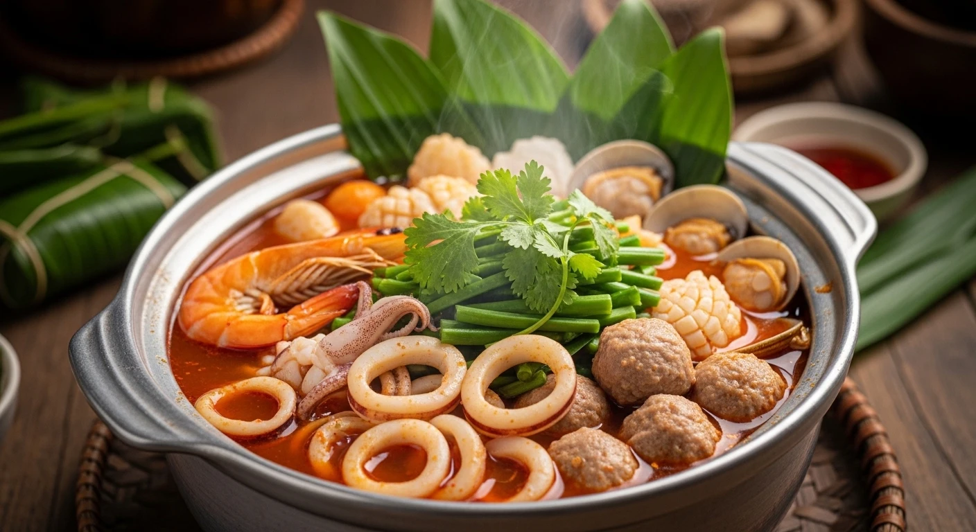 A steaming bowl of Spicy & Sour Mixed Seafood Hotpot
