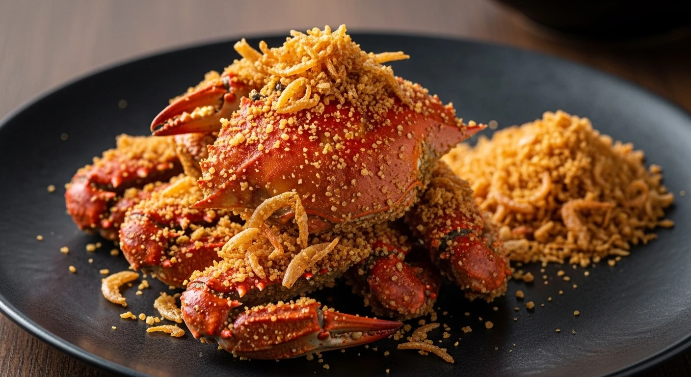 Crispy salt roasted blue crab with garlic and dried shrimp