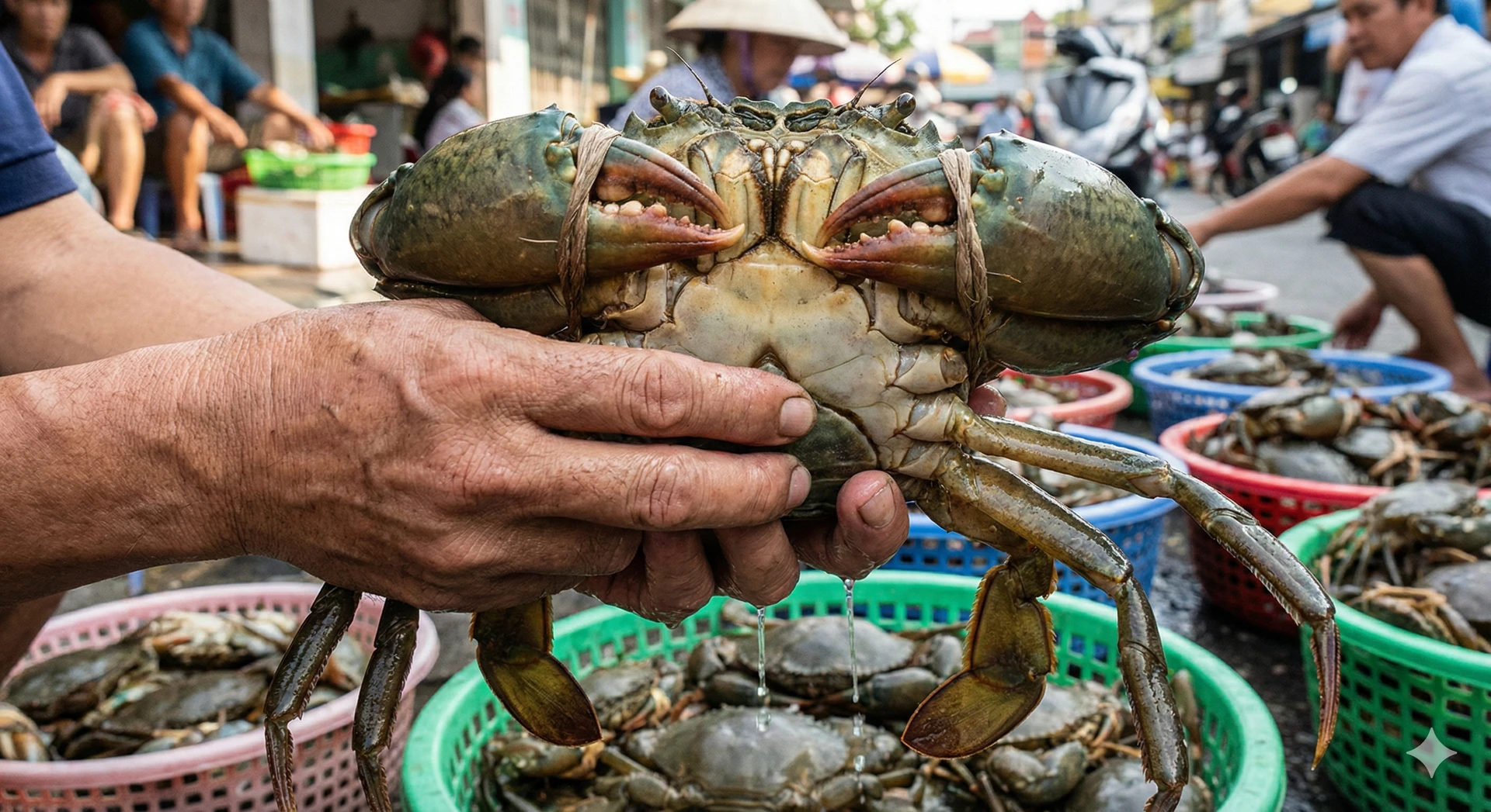 Hands demonstrating the press test on a live crab in a market