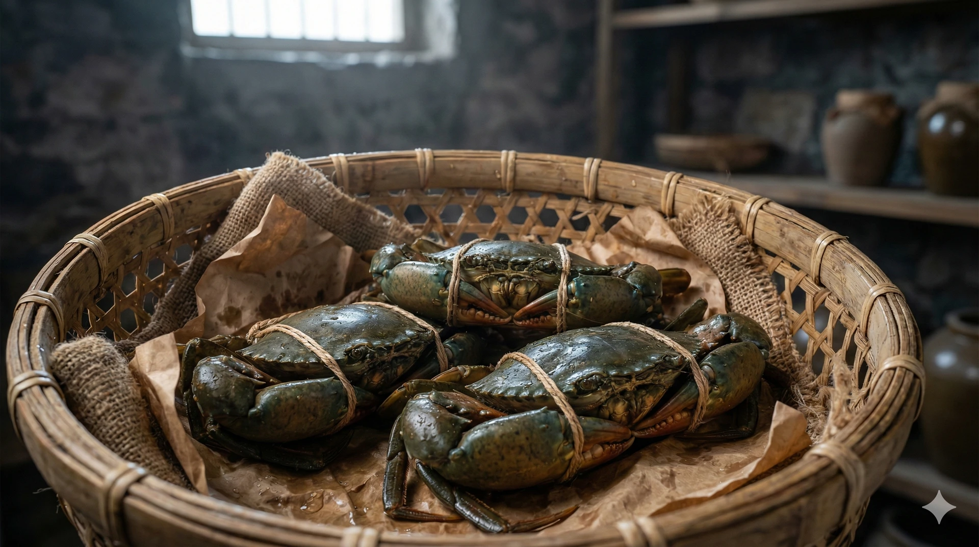 Live mud crabs in a cool, damp environment, nestled in damp newspaper or natural fibers within a rustic basket, ready for overnight storage, evoking Mekong Delta freshness.