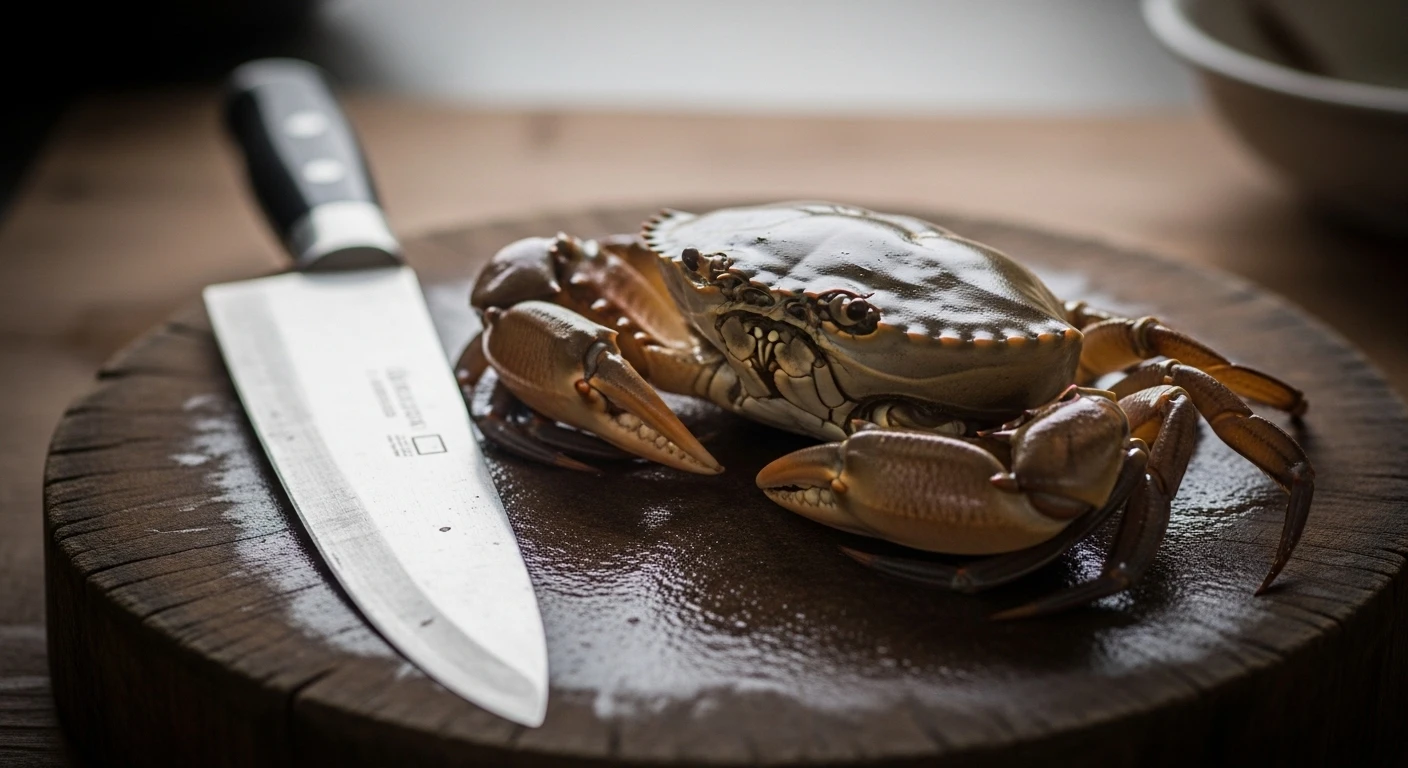 Mud crab on a rustic wooden surface, with a sharp knife nearby