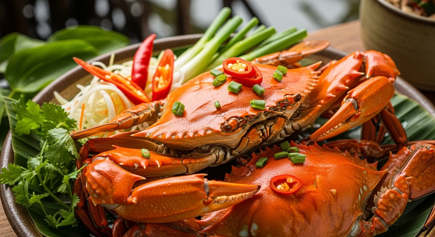 Close-up of a vibrant, iron-rich crab dish from the Mekong Delta, garnished with fresh herbs, ready to be eaten. Emphasizes energy and health.