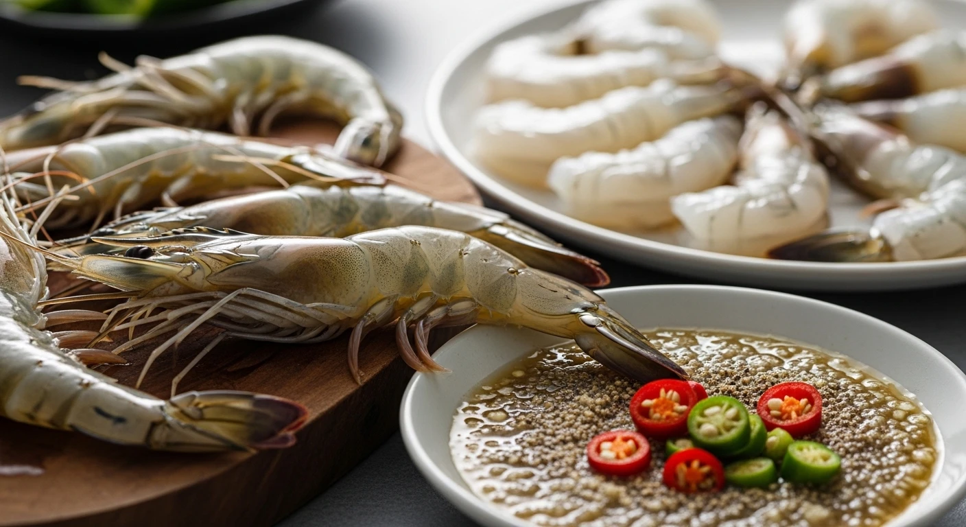 A raw shrimp with its dark digestive tract visible