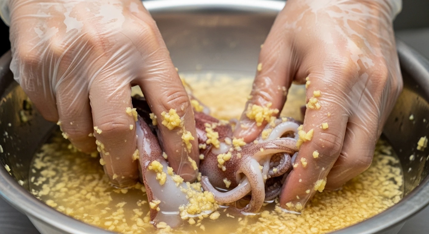 Nguyên liệu nước vo gạo, gừng, rượu trắng để khử tanh mực