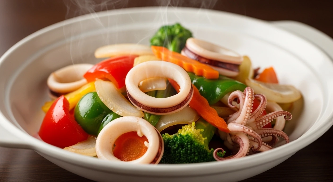 Món mực xào thập cẩm hấp dẫn với màu sắc bắt mắt