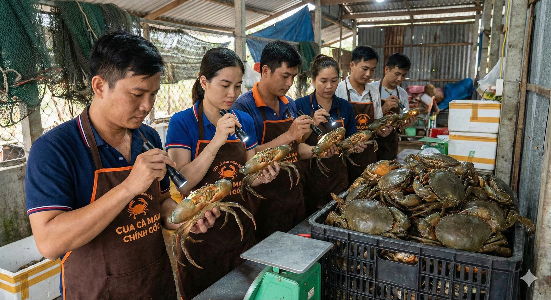 Hình ảnh các loại cua tươi ngon, đang được lựa chọn kỹ càng