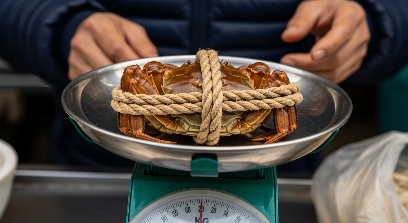 Cua được cân tại chợ với dây trói nặng