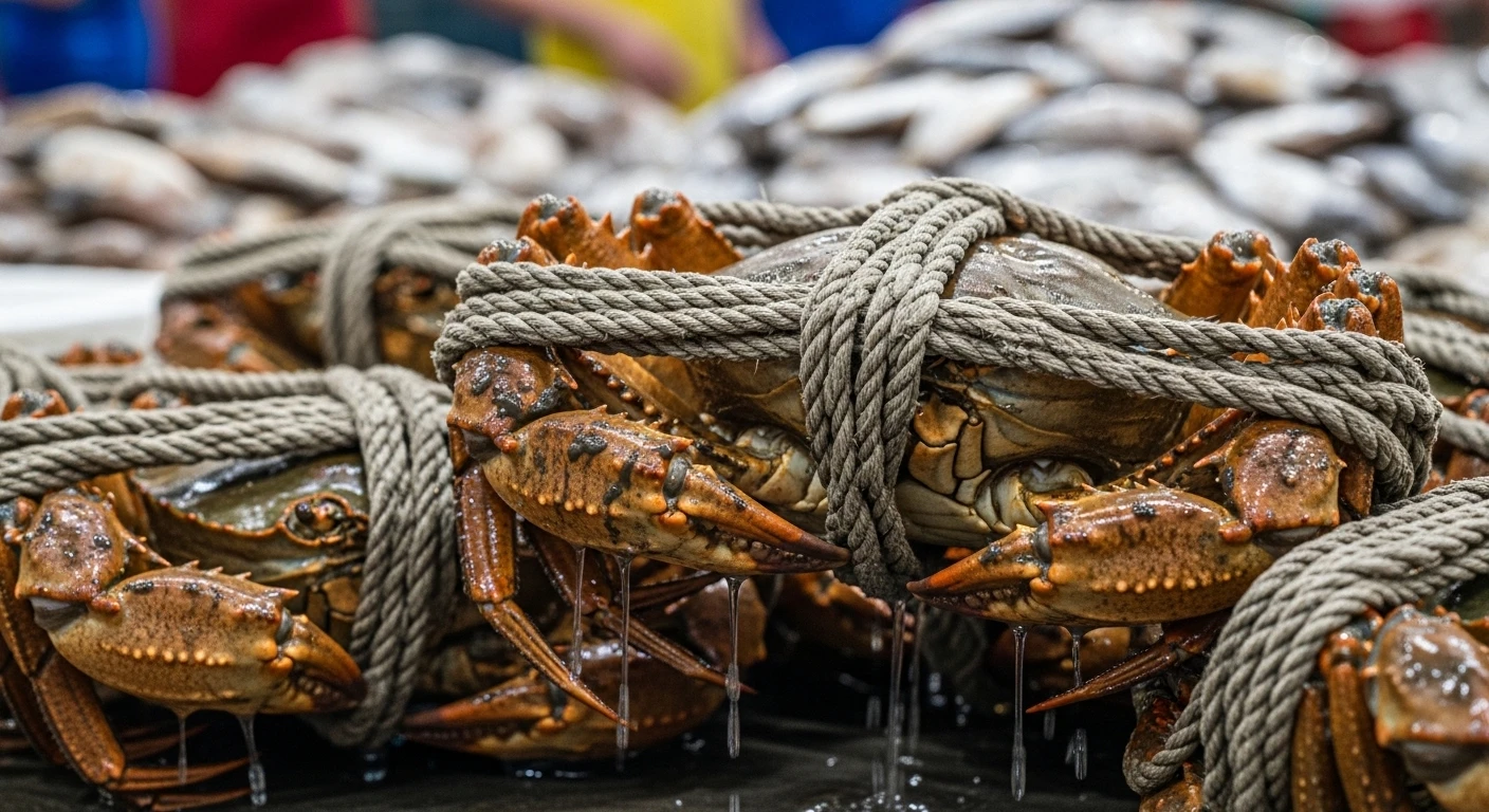 Cua biển bị trói bằng dây vải nặng trĩu tại chợ đầu mối