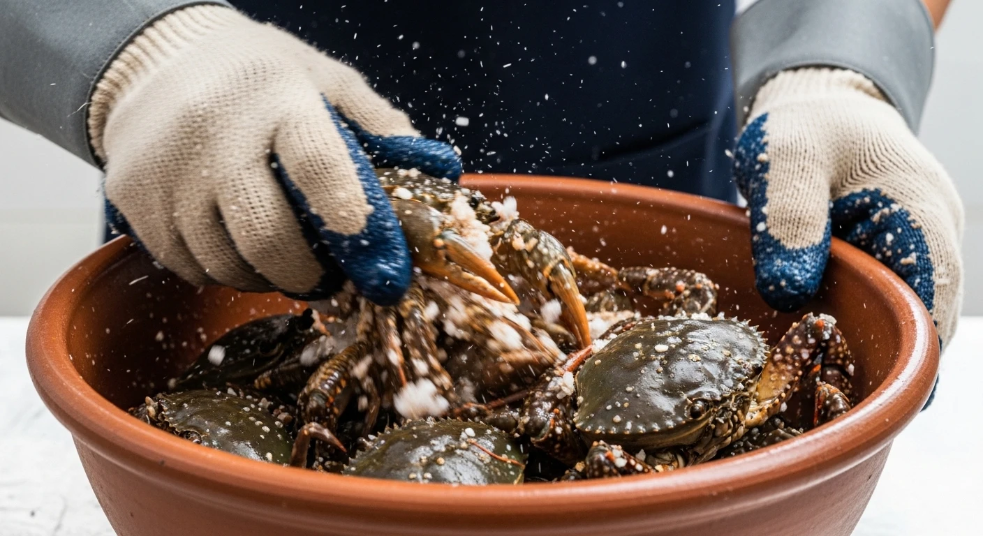 Cua đồng đang được xóc với muối hạt trong thau