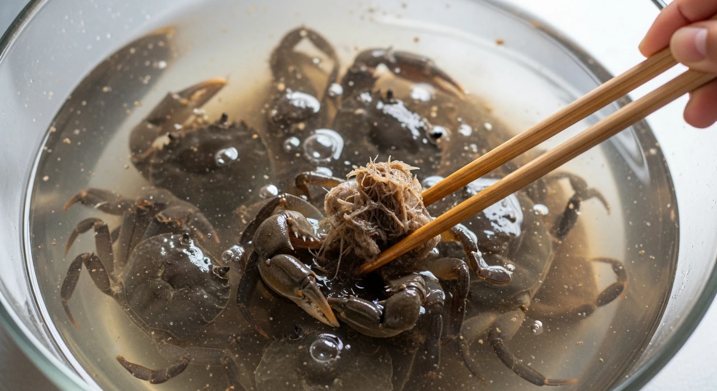 Sử dụng đũa để khuấy và rửa sạch cua đồng trong nước