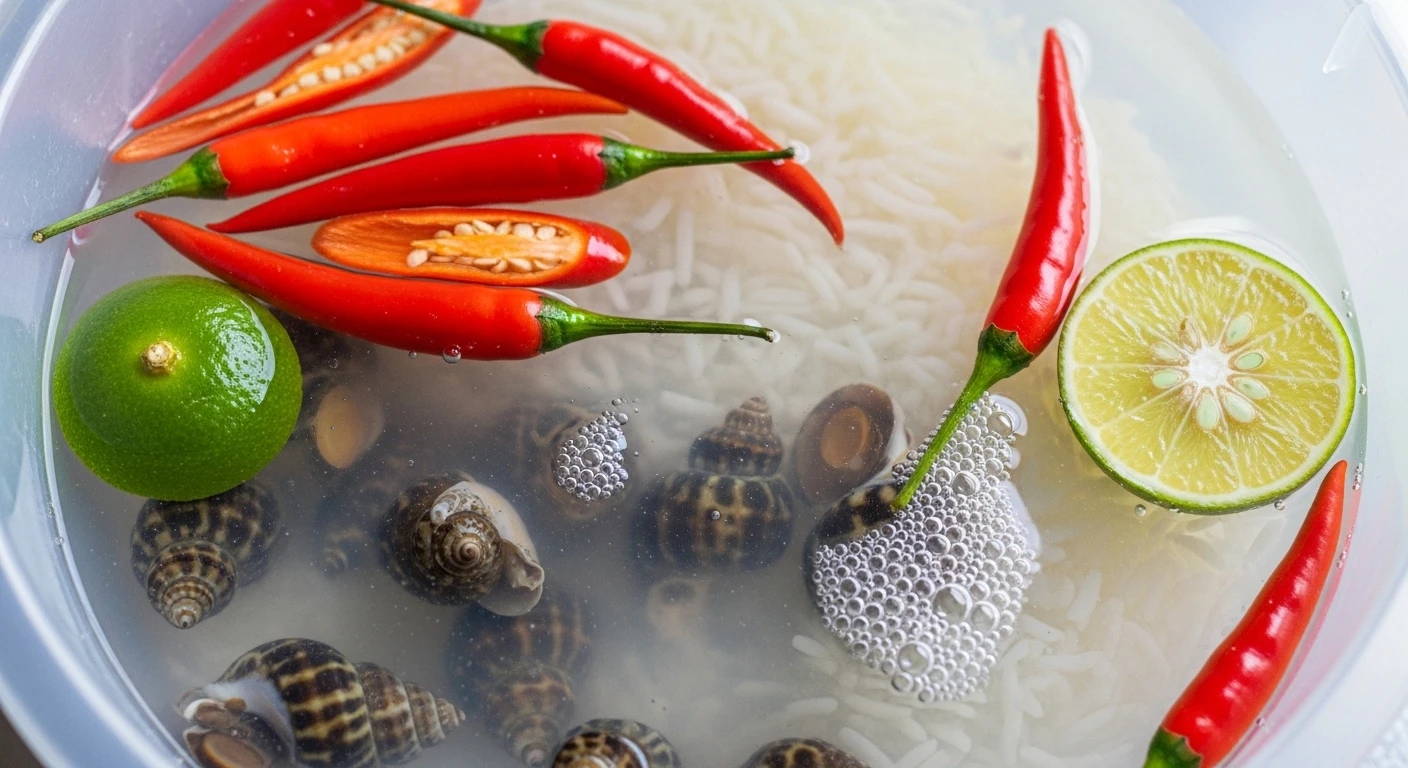 Ốc hương ngâm trong nước vo gạo với chanh và ớt