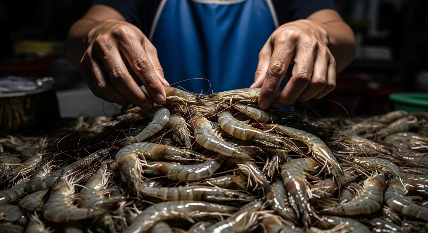 Người bán hàng xếp tôm kém chất lượng tại chợ vỉa hè