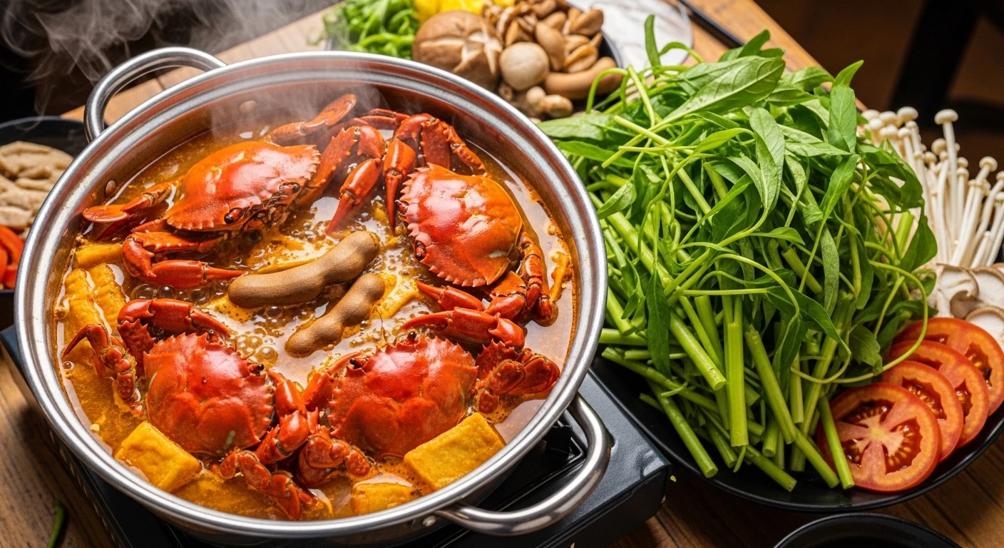 Nồi lẩu ghẹ rau muống chua cốt me hấp dẫn