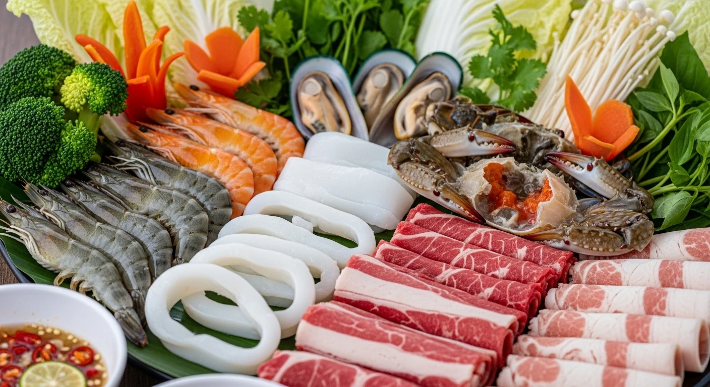 Các loại topping và hải sản được bày trí đẹp mắt trên đĩa